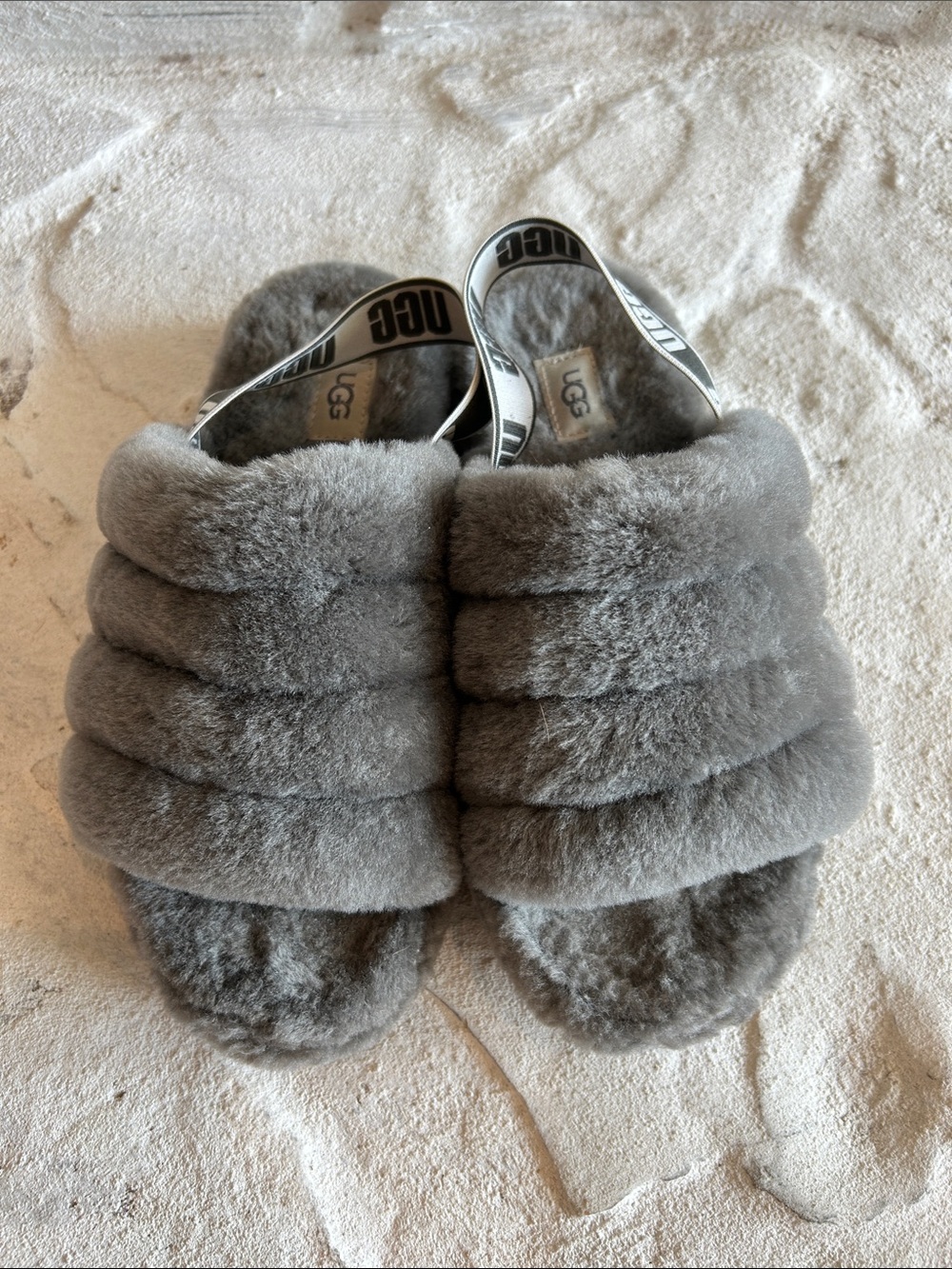 UGG Gray Plush Shearling Slide Sandals with Logo Backstrap